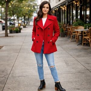 Jones New York Red Wool Blend Double Breasted Peacoat Jacket Size 6